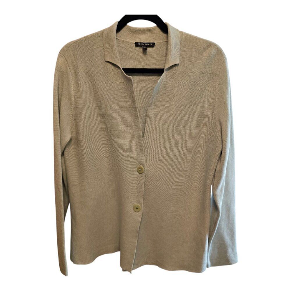 EILEEN FISHER SEAFOAM GREEN BLAZER CARDIGAN VNECK SILK COTTON BLEND TWO BUTTON
